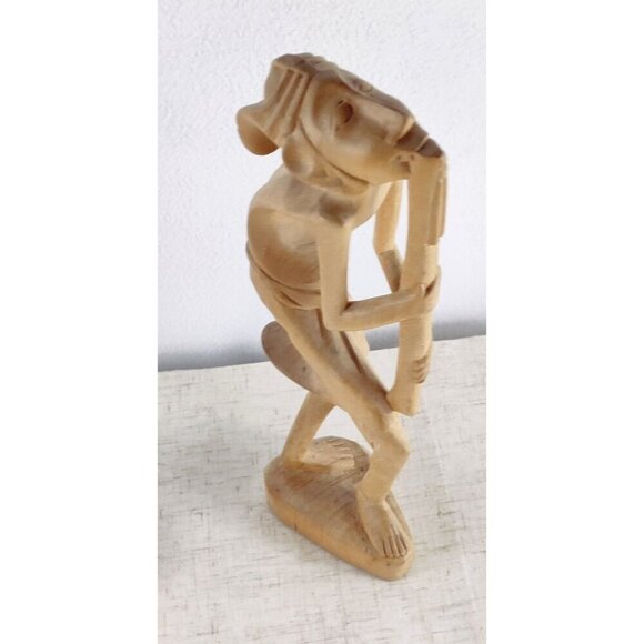 MCM Indonesian Carved Pair 14" Wooden Sculptures Musicians Windpipes 50s-60s - Picture 8 of 13